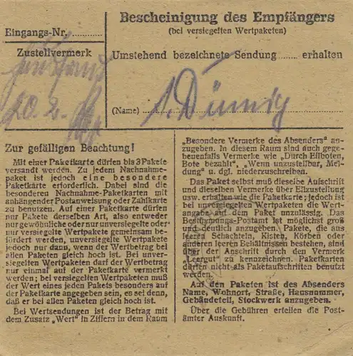 Carte de paquet 1948: Berlichingen à Munich, Hostel z. Post