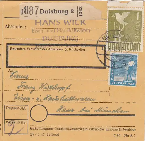 Paketkarte 1948: Dusiburg, Eisen- u. Haushaltswaren nach Haar