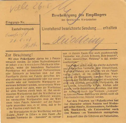 Carte de paquet 1948: Dusiburg, articles de fer et de ménage par cheveux
