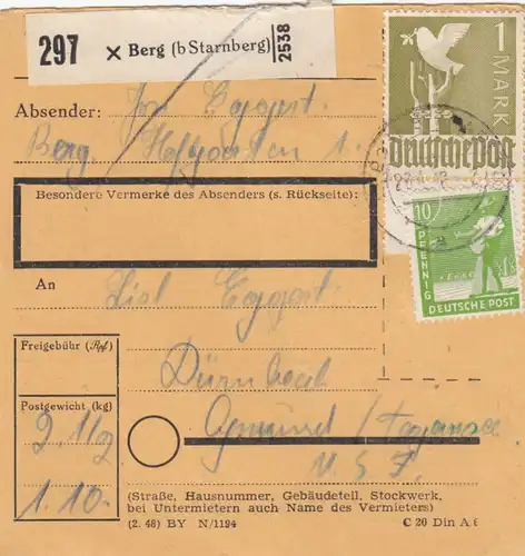 Carte de paquet 1948: Berg b. Starnberg d'après Dürnbach Gmund
