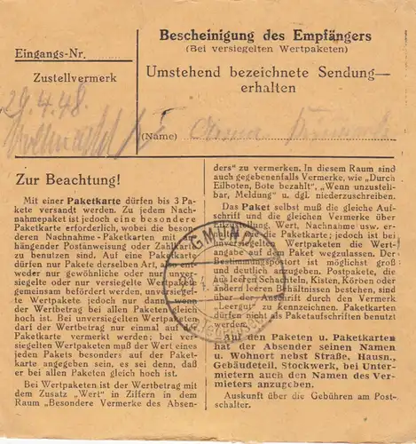 Paketkarte 1948: Berg b. Starnberg nach Dürnbach Gmund