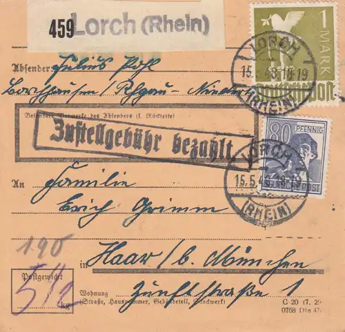 Paketkarte 1948: Lorch (Rhein) nach Haar