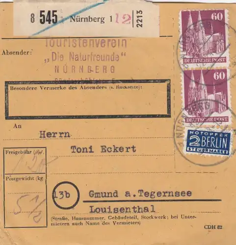 BiZone Carte de paquet 1948: Touristverein Les amis de la nature Nuremberg vers Gmund