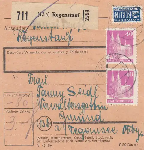 BiZone Paketkarte 1948: Regenstauf nach Gmund am Tegernsee, Notopfer