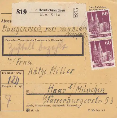 BiZone Paketkarte 1948: Muschenried, Heinrichskirchen über Rötz nach Haar