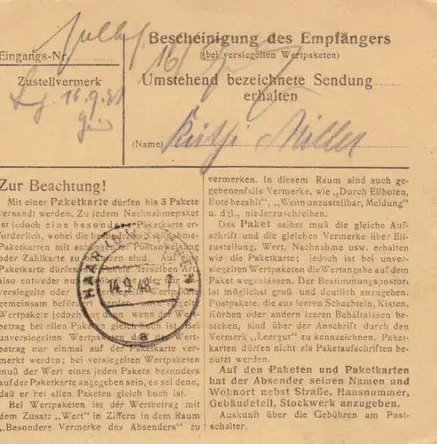 BiZone Paketkarte 1948: Muschenried, Heinrichskirchen über Rötz nach Haar