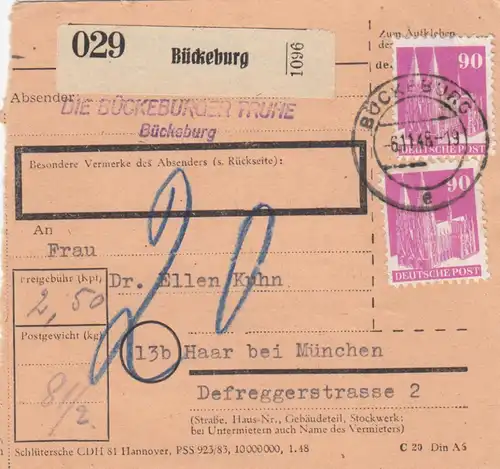 Carte de paquet BiZone 1948: Buckeburger Treuil, Bückeburg après les cheveux, frais supplémentaires