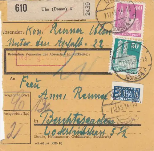 Carte de paquet BiZone 1948: Ulm Danube après Berchtesgaden, victime d'urgence, frais supplémentaires