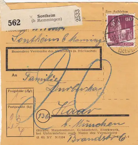 BiZone Paketkarte 1948: Sontheim Memmingen nach Haar, Nachgebühr