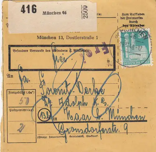 Carte de paquet BiZone 1948: Munich 13, Auto-bookeur, frais supplémentaires, usine de porenit