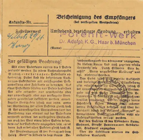 BiZone Paketkarte 1948: München 13, Selbstbucher, Nachgebühr, Porenit-Werk