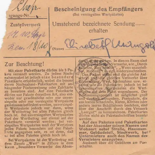 BiZone Paketkarte 1948: Fürth 3 Münchberg nach Haar