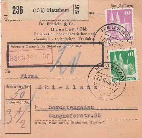 Carte de paquet BiZone 1948: Hausham n. Berchtesgaden, Skis-Klaus, Autob., Nég.