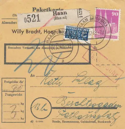 BiZone Paketkarte 1948: Haan n. Berchtesgaden, Selbstbucher, Nachgebühr, Notopf.