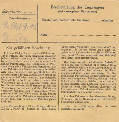BiZone Paketkarte 1948: Haan n. Berchtesgaden, Selbstbucher, Nachgebühr, Notopf.