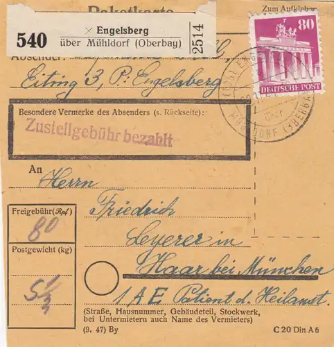 BiZone Paketkarte 1948: Eiting Engelsberg nach Haar, Heilanstalt