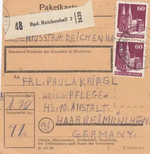 BiZone Paketkarte 1948: Bad Reichenhall nach Haar, Pflegeanstalt HS 10