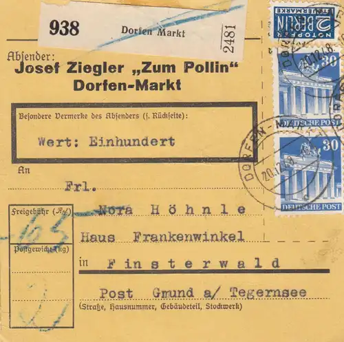 BiZone Paketkarte 1948: Dorfen Markt n. Finsterwald, Selbstb., Notopfer, Wertk.