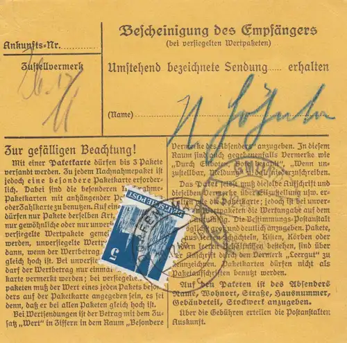 BiZone Paketkarte 1948: Dorfen Markt n. Finsterwald, Selbstb., Notopfer, Wertk.