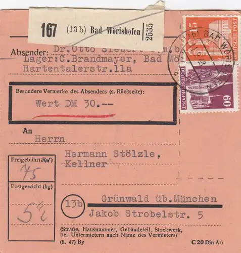 BiZone Paketkarte 1948: Bad Wörishofen n. Grünwald, Kellner, Wertkarte