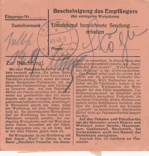 BiZone Paketkarte 1948: Bad Wörishofen n. Grünwald, Kellner, Wertkarte
