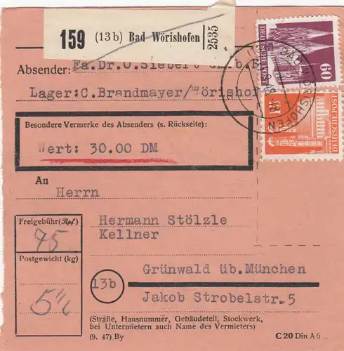 BiZone Paketkarte 1948: Bad Wörishofen n. Grünwald, Kellner, Wert 30 DM