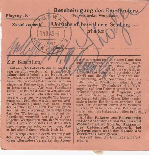 BiZone Carte de paquet 1948: Bad Wörishofen n. Grünwald, serveur, valeur 30 FF