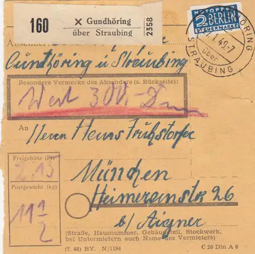 BiZone Paketkarte 1949: Gundhöring über Straubing nach München, Wertkarte