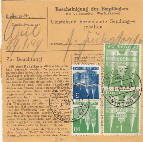 BiZone Paketkarte 1949: Gundhöring über Straubing nach München, Wertkarte