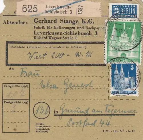 Carte de paquet BiZone 1948: Leverkusen, Stange K.G. d'après Gmund, victime d ' urgence