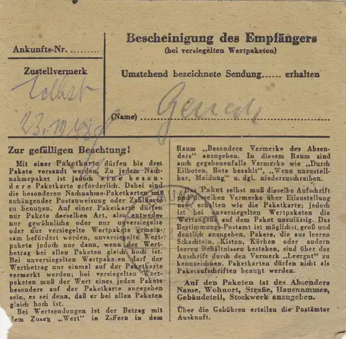 BiZone Paketkarte 1948: Leverkusen, Stange K.G. nach Gmund, Notopfer