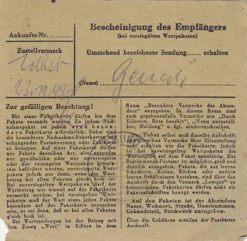 Carte de paquet BiZone 1948: Leverkusen, Stange K.G. d'après Gmund, victime d ' urgence