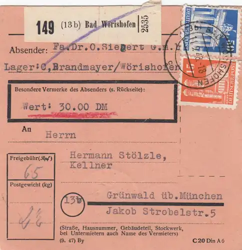 BiZone Paketkarte 1948: Bad Wörishofen nach Grünwald, Wertkarte