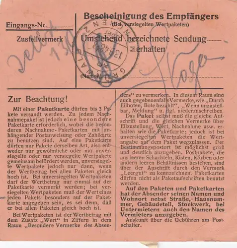 Carte de paquet BiZone 1948: Bad Wörishofen vers Grünwald, carte de valeur