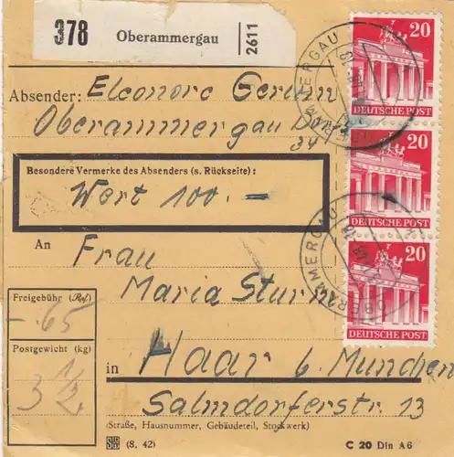 BiZone Paketkarte 1948: Oberammergau nach Haar, Wertkarte