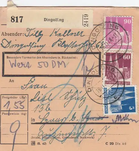 BiZone Paketkarte 1948: Dingolfing nach Gmund, Nachgebühr, Wertkarte
