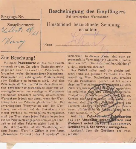 BiZone Paketkarte 1948: Dingolfing nach Gmund, Nachgebühr, Wertkarte