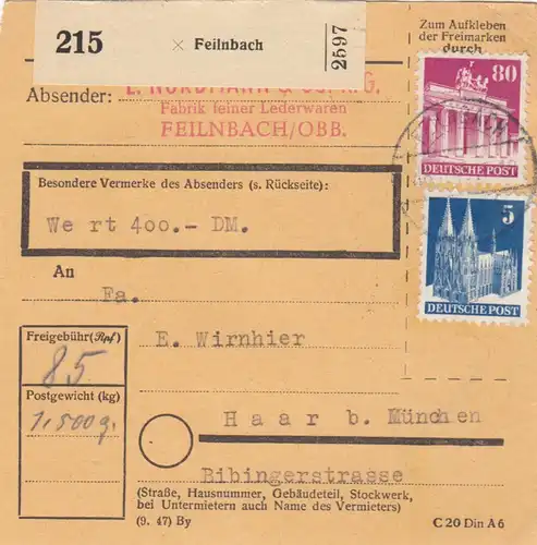 BiZone Carte colis 1948: Articles en cuir Feilnbach par cheveux, carte de valeur 400 FF