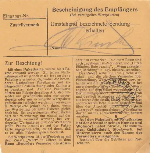 BiZone Paketkarte 1948: Lederwaren Feilnbach nach Haar, Wertkarte 400 DM