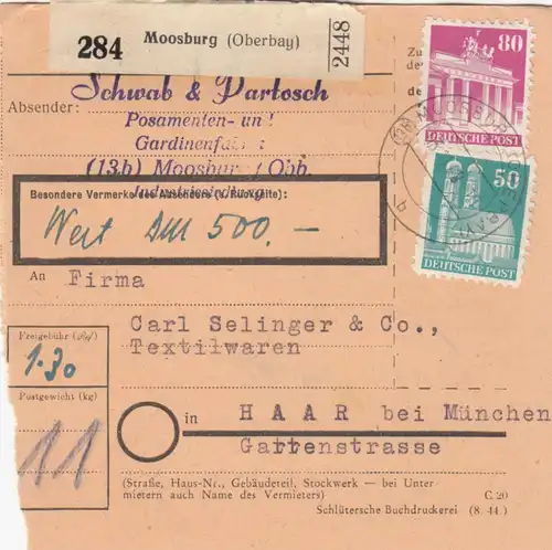 BiZone Paketkarte 1948: Posamentenfabrik Moosburg nach Haar, Wertkarte 500 DM