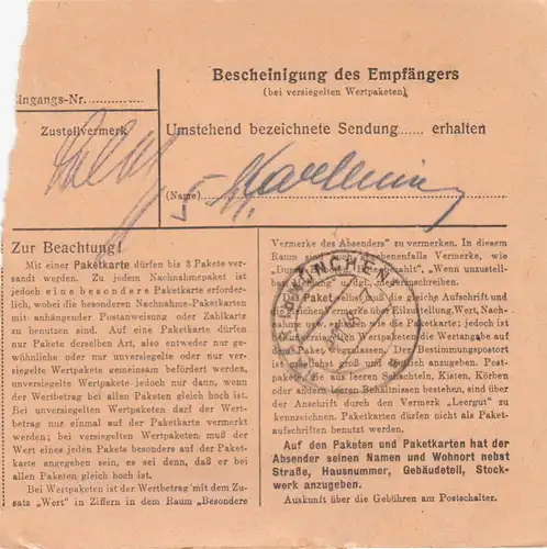 BiZone Paketkarte 1948: Posamentenfabrik Moosburg nach Haar, Wertkarte 500 DM