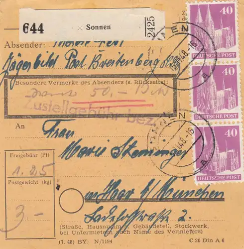 BiZone Carte de paquet 1948: Soleil, photo de chasseur Post Breitenberg n. Cheveux, carte de valeur