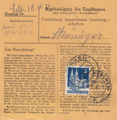 BiZone Paketkarte 1948: Sonnen, Jägerbild Post Breitenberg n. Haar, Wertkarte