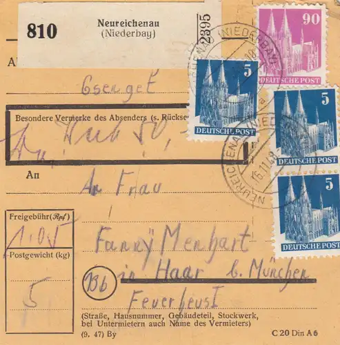 BiZone Paketkarte 1948: Neureichenau nach Haar, Wertkarte