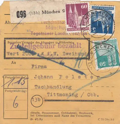BiZone Paketkarte 1948: München 9 nach Tuchhandlung Tittmoning, Wertkarte