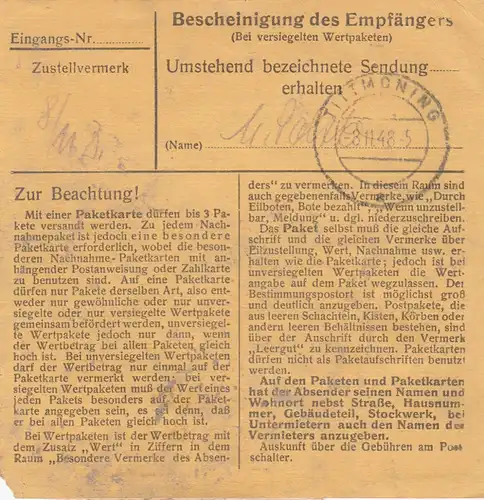 BiZone Paketkarte 1948: München 9 nach Tuchhandlung Tittmoning, Wertkarte