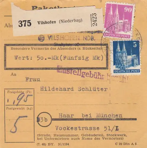 Carte de paquet BiZone 1948: Vilshofen par cheveux, carte de valeur