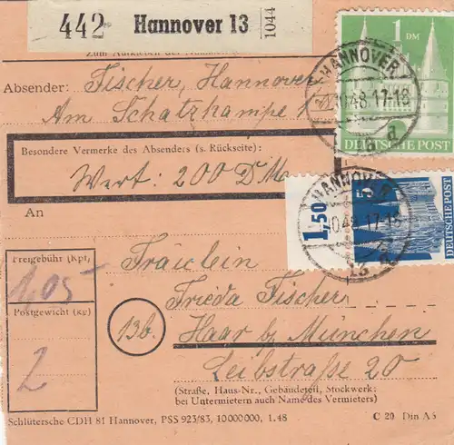 BiZone Paketkarte 1948: Hannover nach Haar, Wertkarte