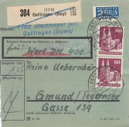 BiZone Paketkarte 1948: Oettingen nach Gmund, Wertkarte, bes. Formular, Notopfer