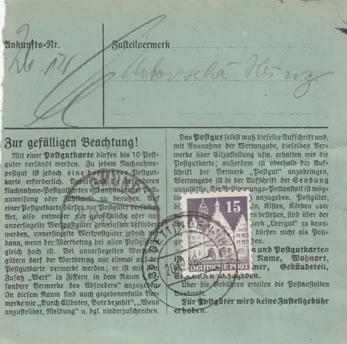 Carte de paquet BiZone 1948: Oettingen selon Gmund, carte de valeur, bes. Formulaire, Victimes d'urgence